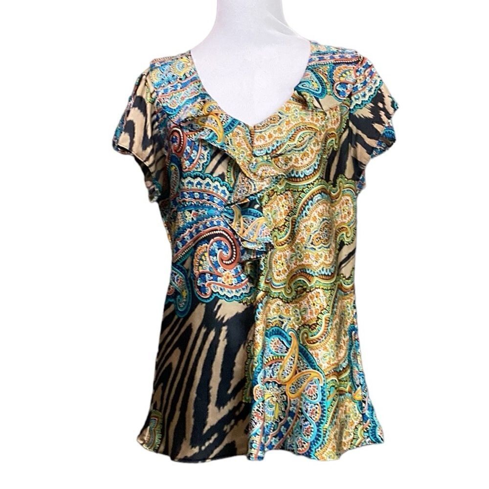 Vintage Sunny Leigh Paisley Tiger Print Ruffle Front Satin Blouse